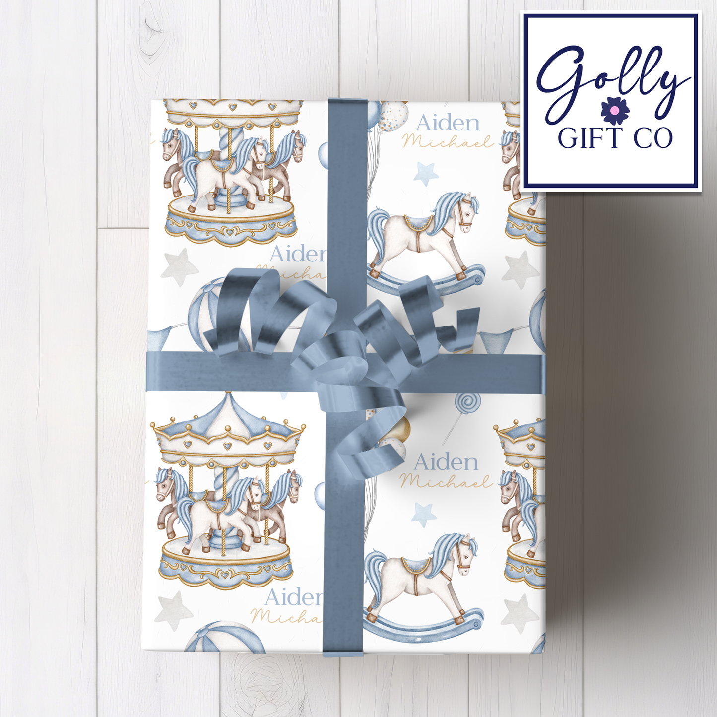 Personalized Blue Carousel Wrapping Paper - Your Name Baby Birthday or Baby Shower Gift Wrap - Baby's Name on Blue Carousel Gift Wrap