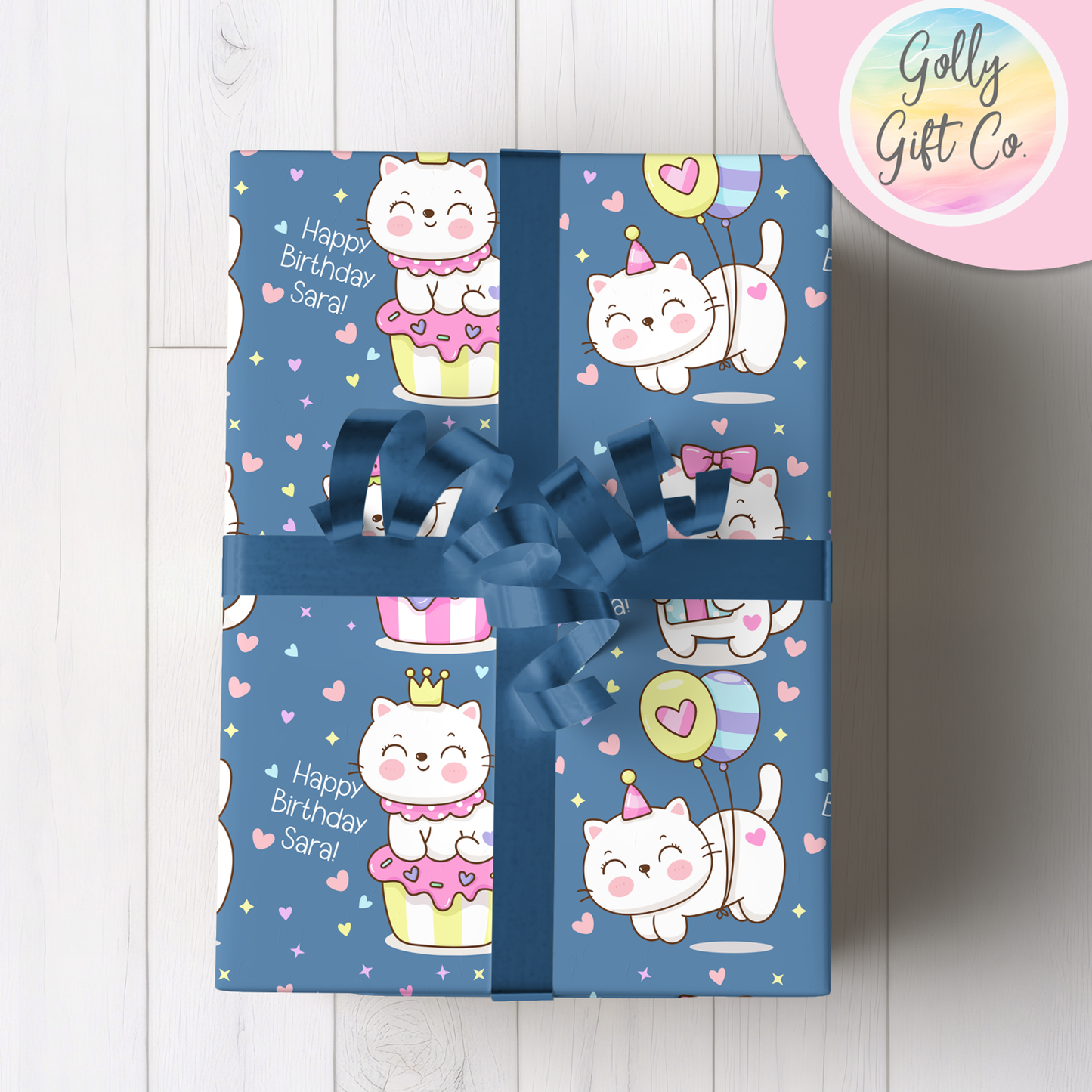 Personalized Kawaii Cat Happy Birthday Wrapping Paper - Customized Cute Kawaii Kitty Gift Wrap with Name On It