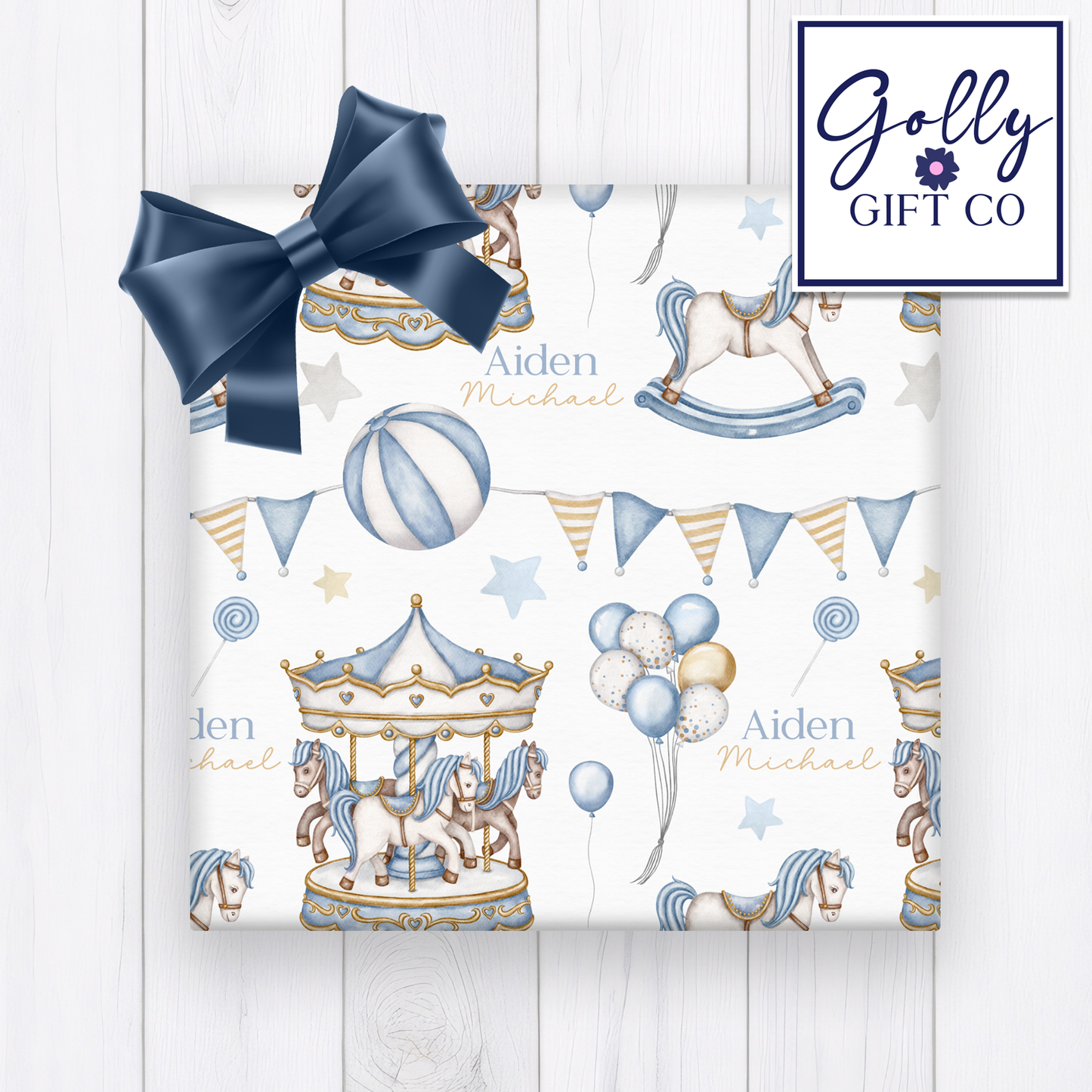 Personalized Blue Carousel Wrapping Paper - Your Name Baby Birthday or Baby Shower Gift Wrap - Baby's Name on Blue Carousel Gift Wrap
