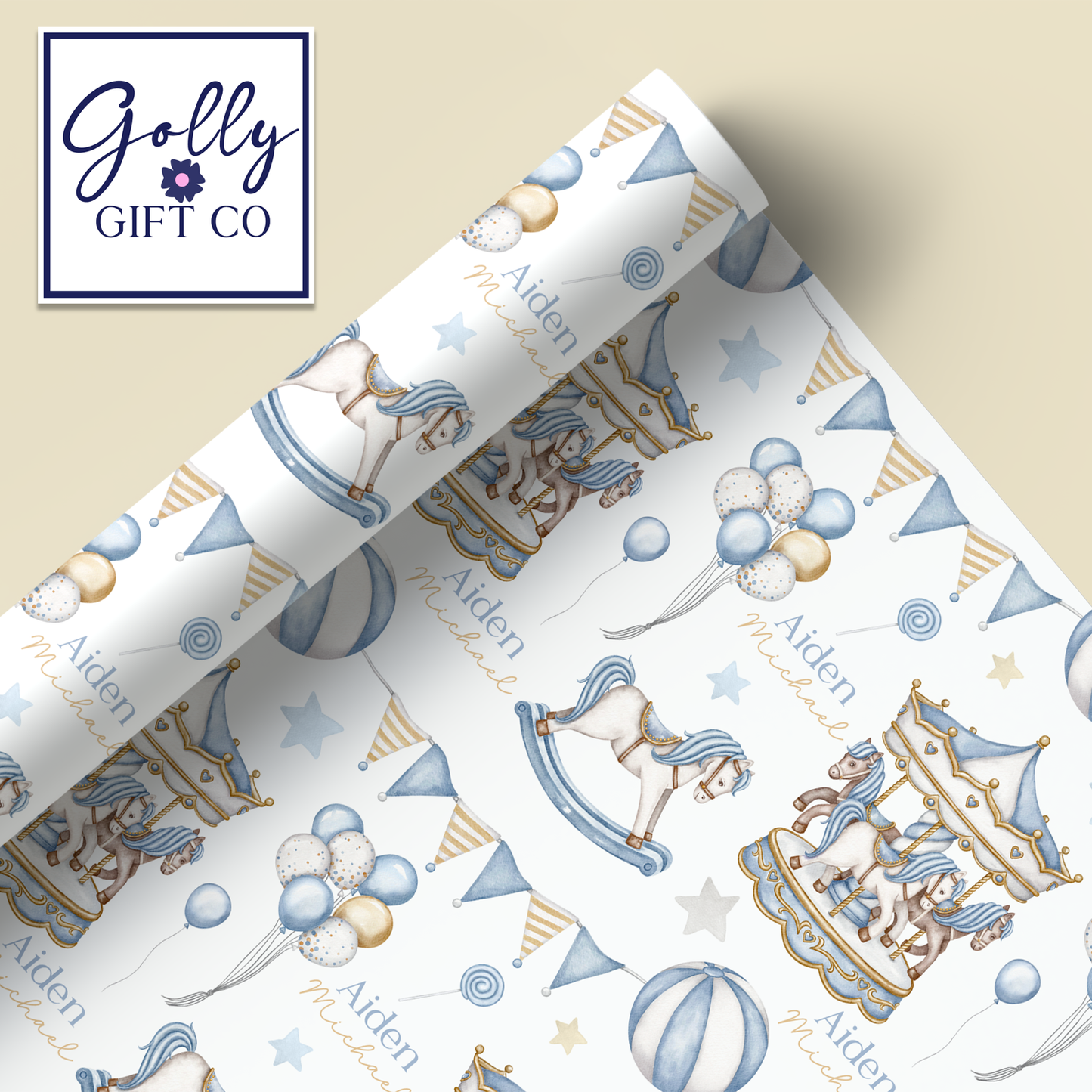 Personalized Blue Carousel Wrapping Paper - Your Name Baby Birthday or Baby Shower Gift Wrap - Baby's Name on Blue Carousel Gift Wrap