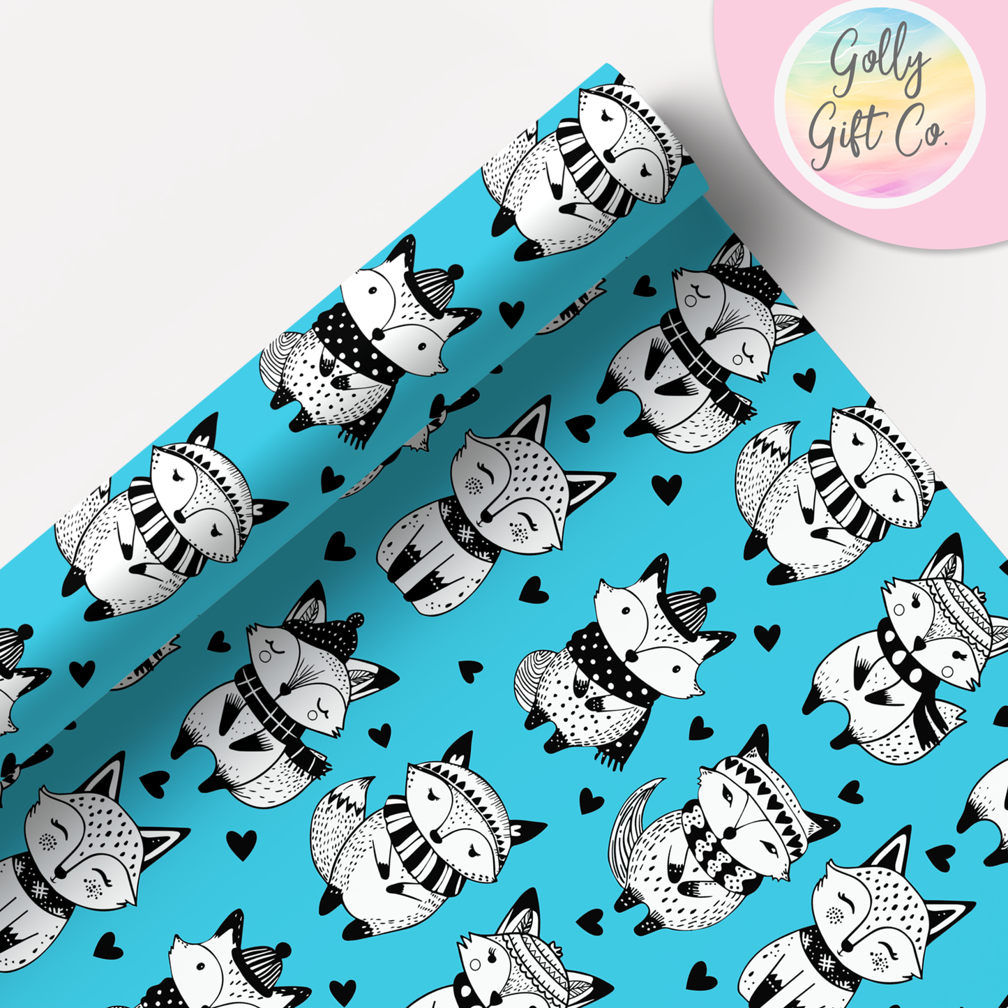 Doodle Fox Wrapping Paper - Gift Wrap - Any Occasion Gift Wrapping Paper With Black and White Doodle Foxes in Winter Clothes and Hearts