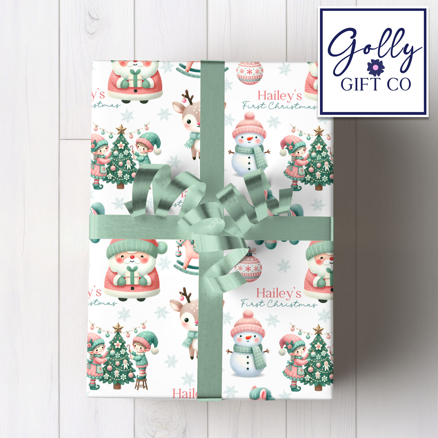 Personalized Baby's First Christmas Wrapping Paper - Your Name Christmas Gift Wrap - Baby's Name and Pink and Mint Christmas Gift Wrap