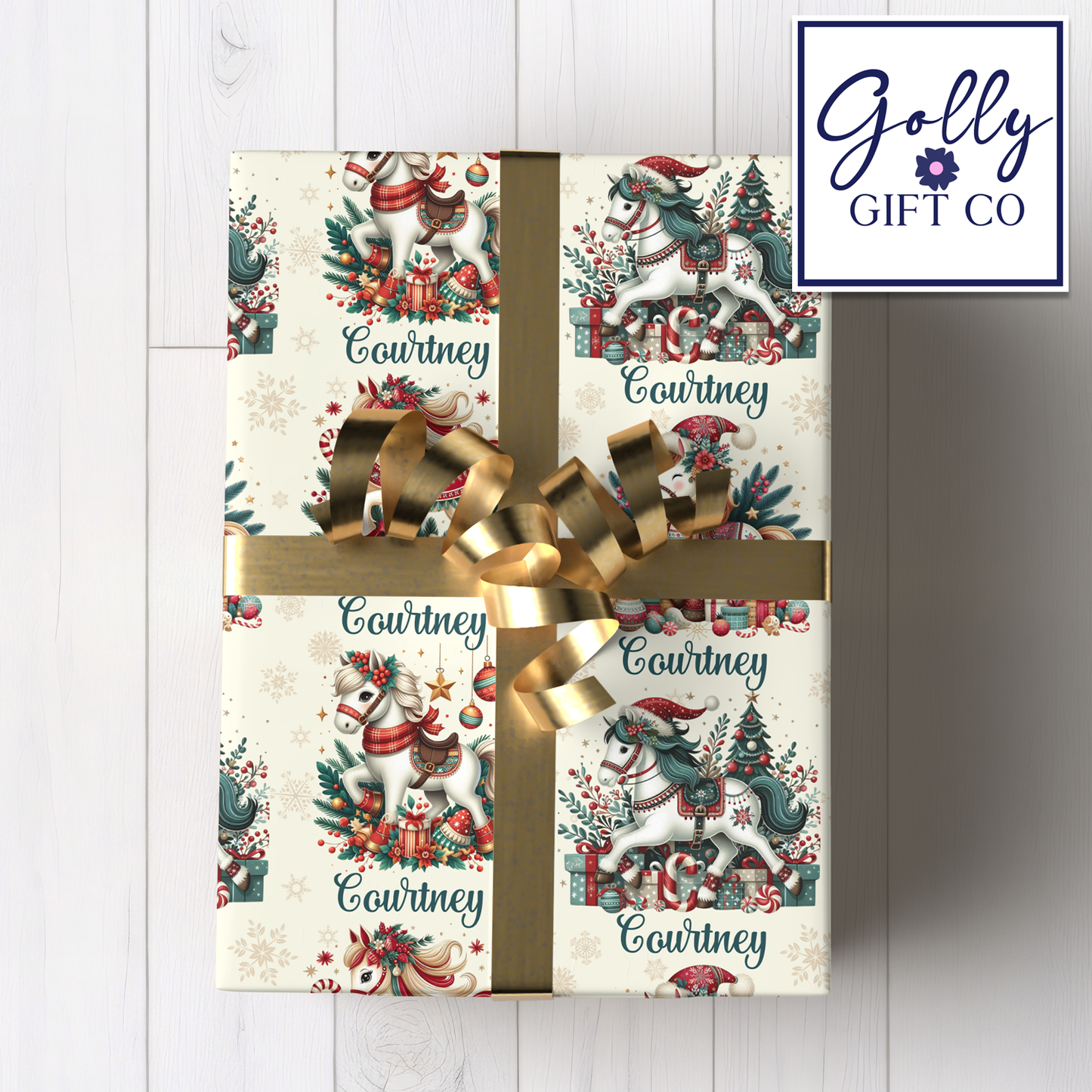 Personalized Cute Christmas Carousel Horses Wrapping Paper - Your Name Christmas Gift Wrap - Custom Gift Wrap for Christmas With Horses