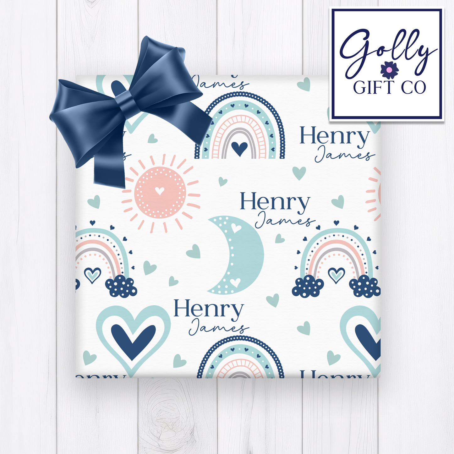 Personalized Rainbow Baby Wrapping Paper - Your Name Baby Birthday or Baby Shower Gift Wrap - Baby's Name and Rainbows Gift Wrap - Blue