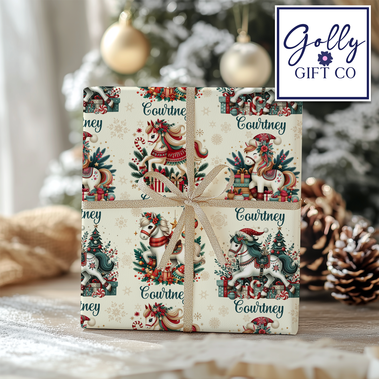 Personalized Cute Christmas Carousel Horses Wrapping Paper - Your Name Christmas Gift Wrap - Custom Gift Wrap for Christmas With Horses