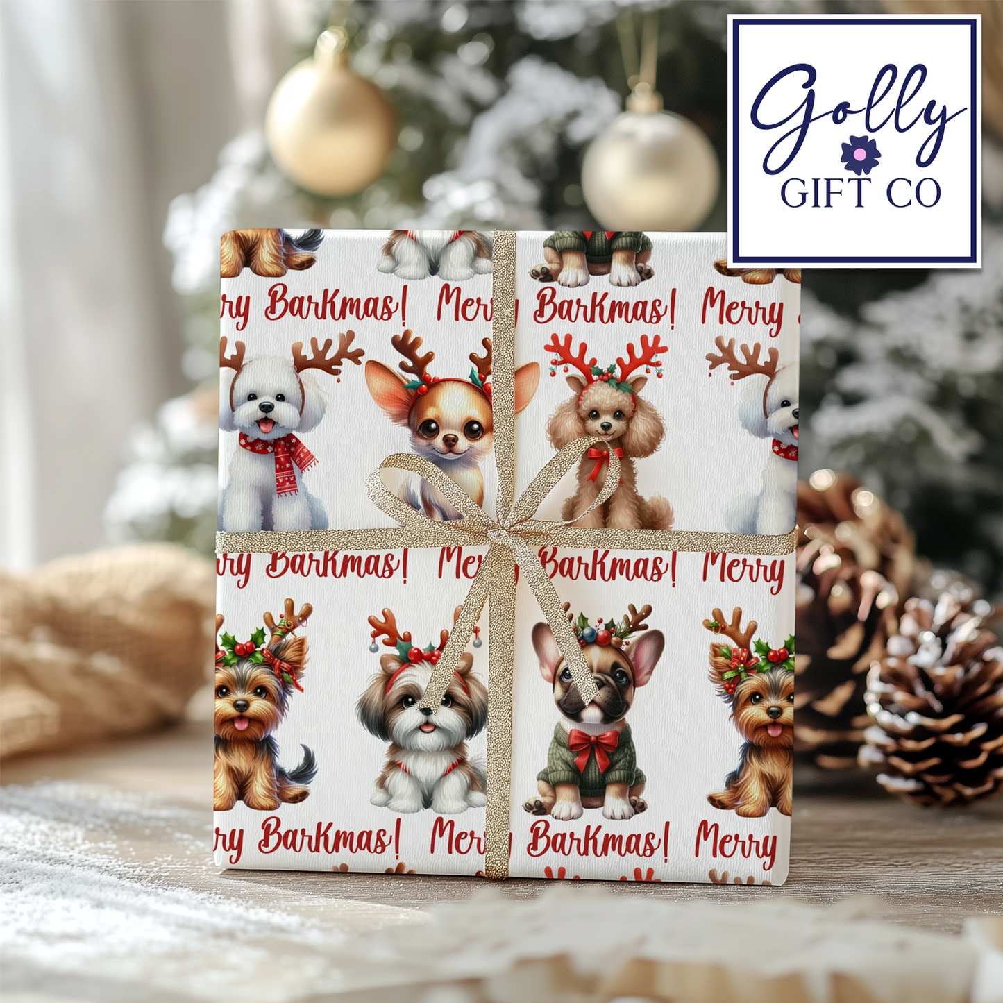 Adorable Christmas Dogs Wrapping Paper - Gift Wrap Dogs with Reindeer Antlers - Merry Barkmas Christmas Wrapping Paper - Christmas for Dogs