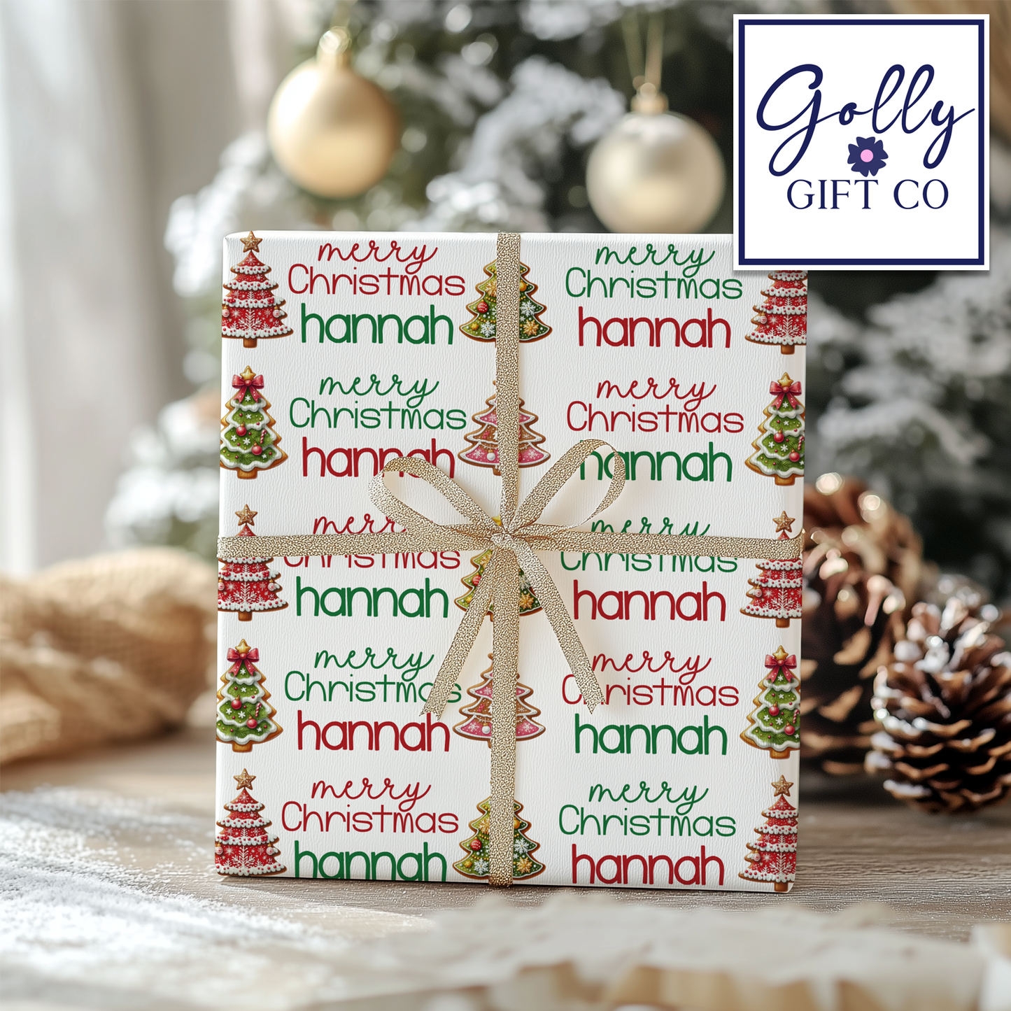 Personalized Your Name Christmas Wrapping Paper - Christmas Cookie Trees Gift Wrap - Merry Christmas Gift Wrap with Recipient Name