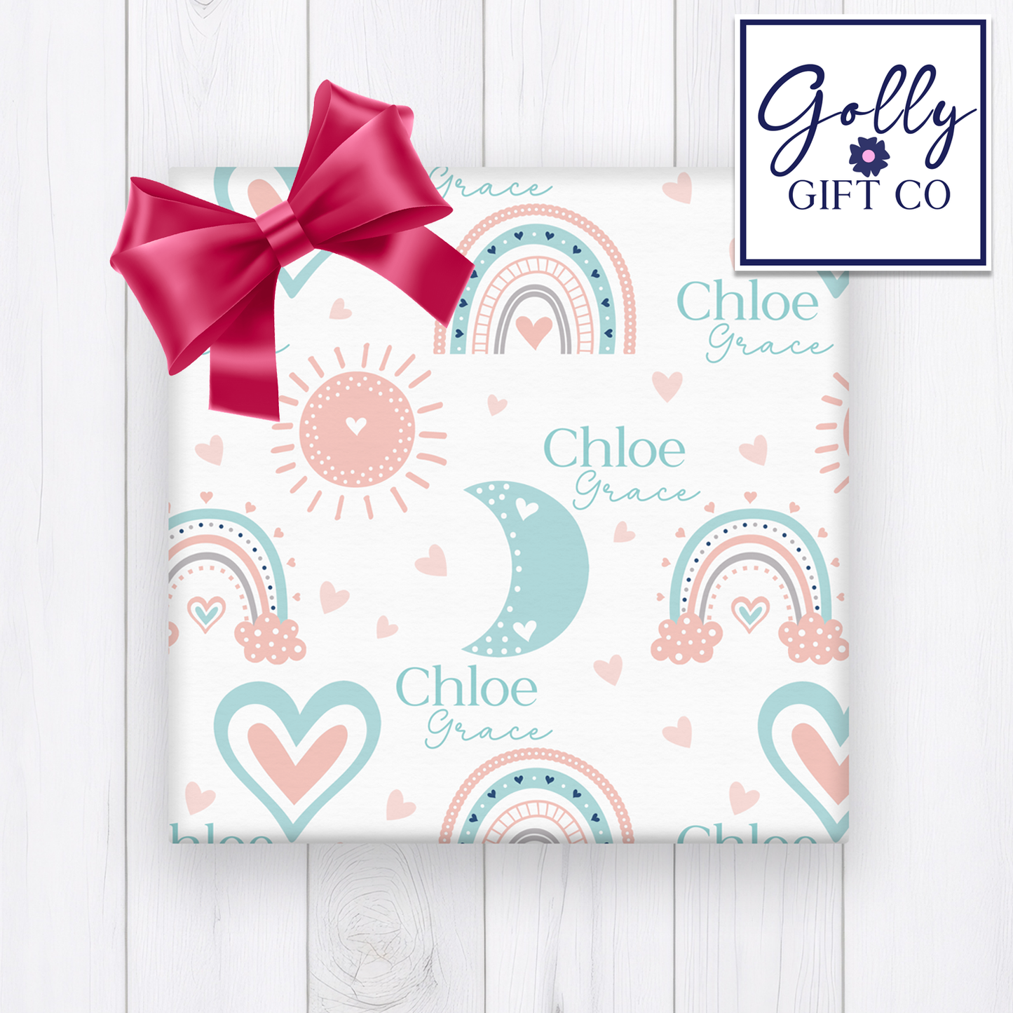 Personalized Rainbow Baby Wrapping Paper - Your Name Baby Birthday or Baby Shower Gift Wrap - Baby's Name and Rainbows Gift Wrap - Pink