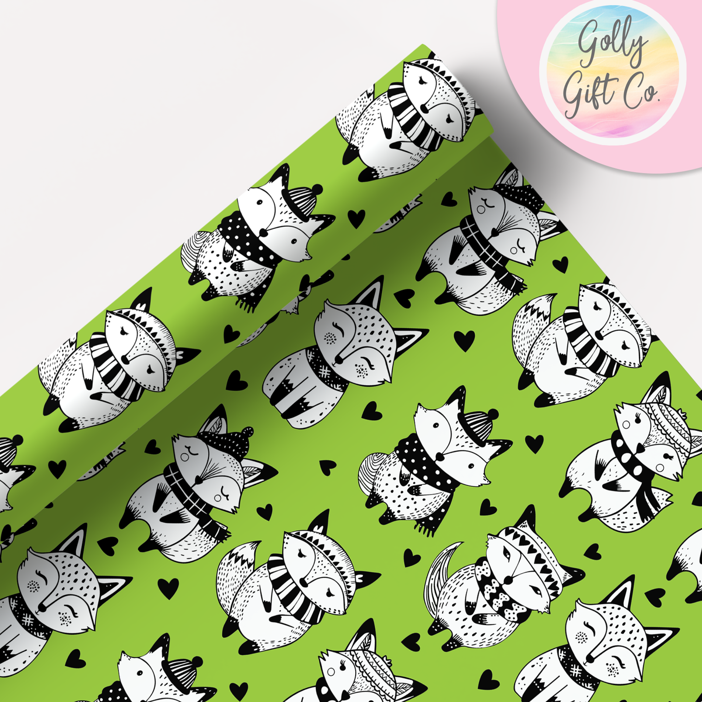 Doodle Fox Wrapping Paper - Gift Wrap - Any Occasion Gift Wrapping Paper With Black and White Doodle Foxes in Winter Clothes and Hearts