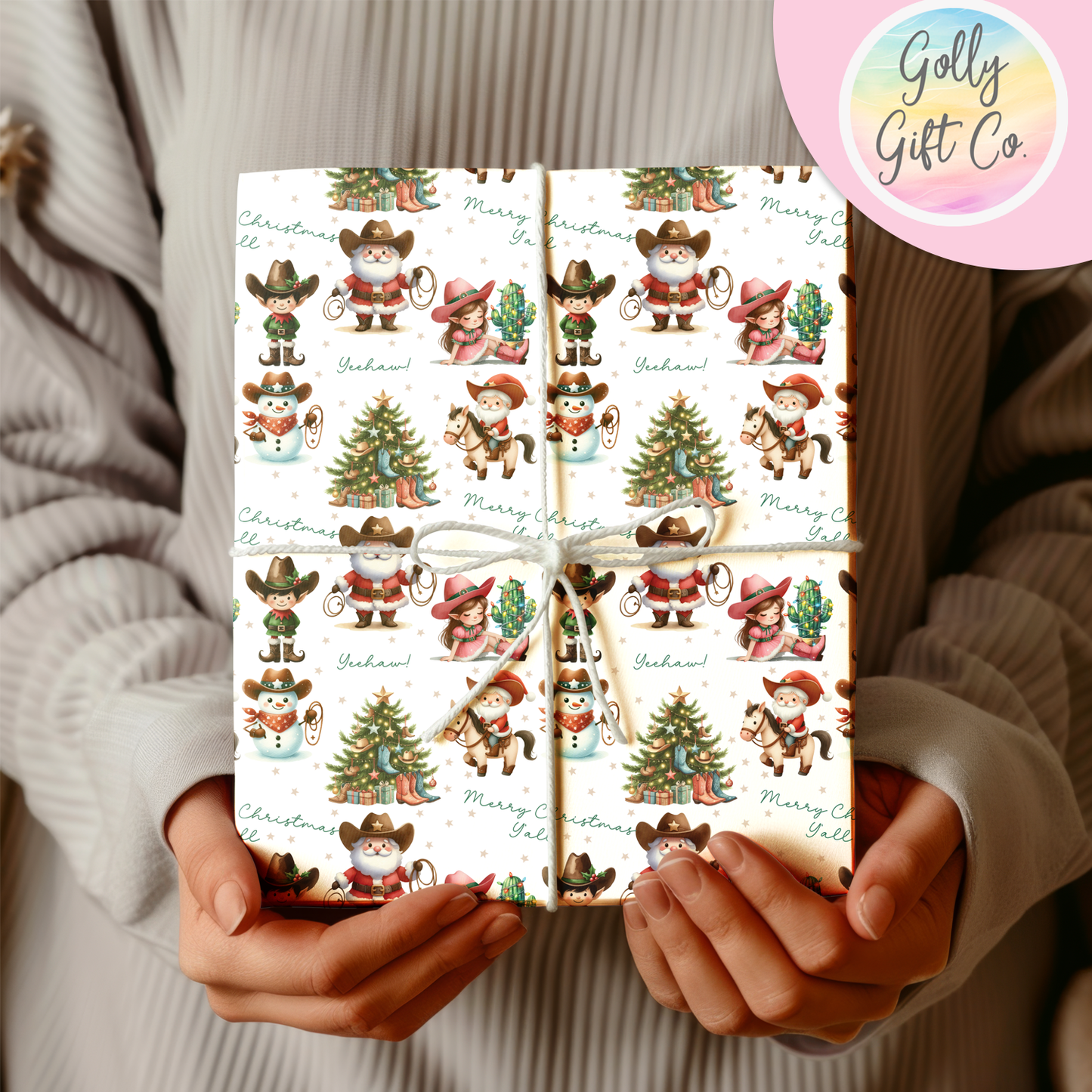 Cowboy Christmas Merry Christmas Y'all and Yeehaw Cowboy Santa Country and Western Christmas Wrapping Paper - Golly Gift Co
