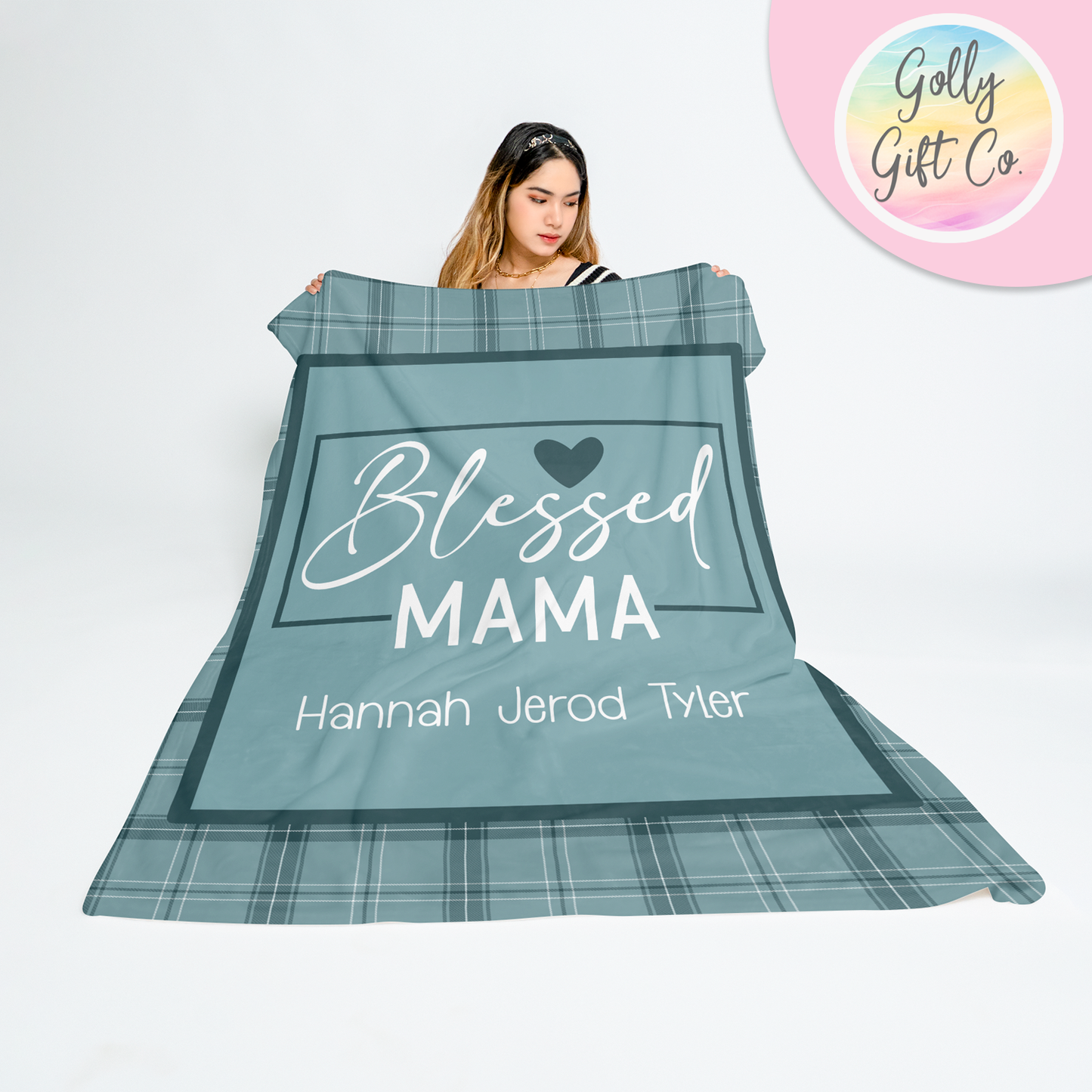 Personalized Mom Blanket with Kids Names - Blessed Mama - Fleece Blanket Gift for Mom - Purple or Blue Plaid Blanket for Mom with Kids Names - Golly Gift Co