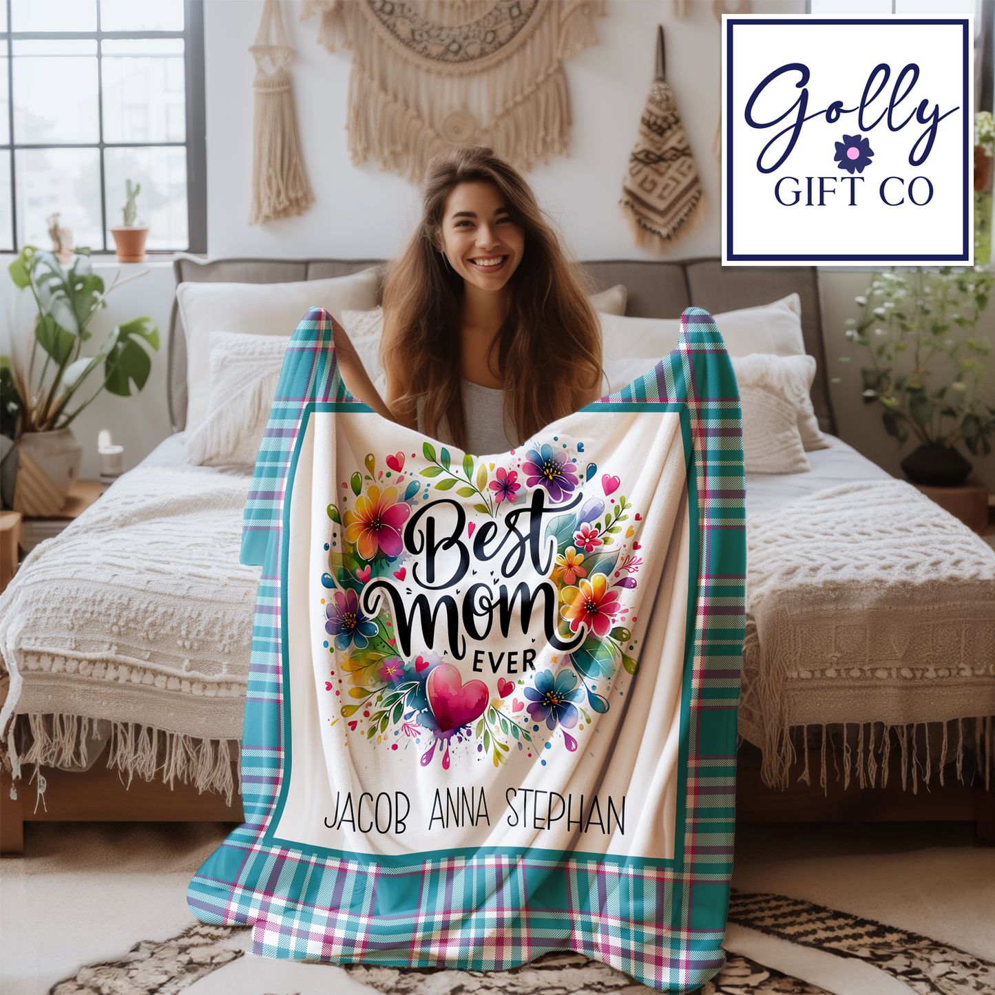 Personalized Mom Blanket with Kids Names - Floral Best Mom Ever - Fleece Blanket Gift for Mom - Pink and Blue - Mother's Day Gift/Christmas