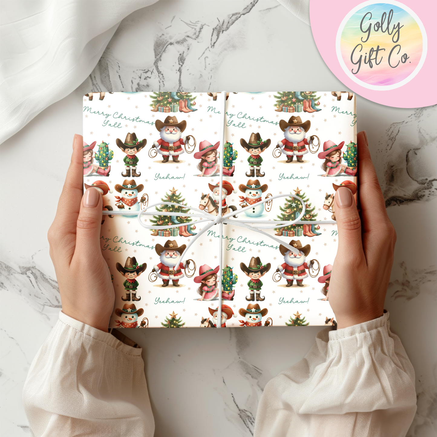 Cowboy Christmas Merry Christmas Y'all and Yeehaw Cowboy Santa Country and Western Christmas Wrapping Paper - Golly Gift Co