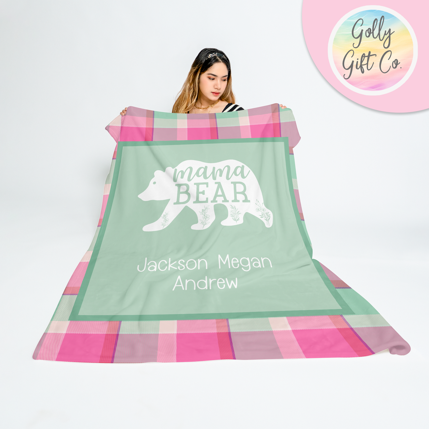 Personalized Mom Blanket with Kids Names - Mama Bear - Fleece Blanket Gift for Mom - Pink and Mint Plaid - Mother's Day Gift/Christmas - Golly Gift Co