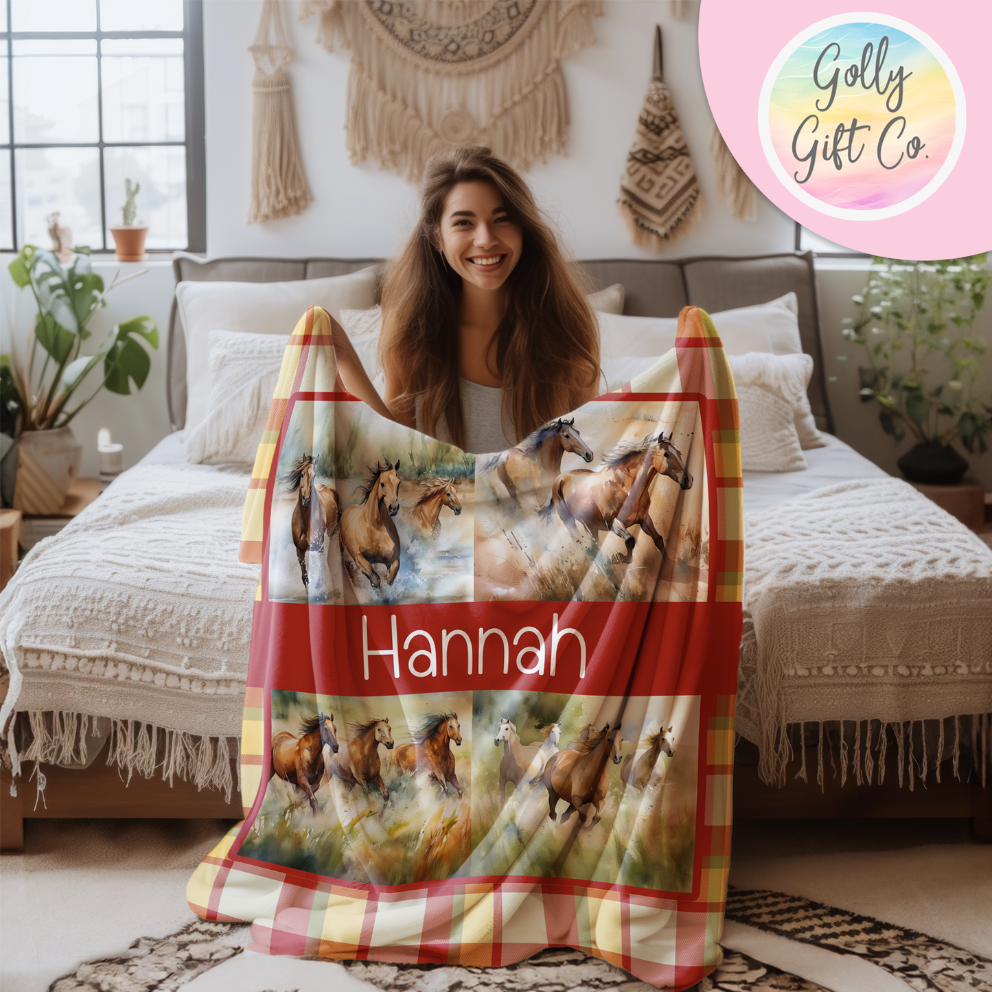 Personalized Wild Horses Fleece Blanket - Gift for Cowgirls and Horse Lovers - Country and Western Bedding for Girls Who Love Horses - Golly Gift Co