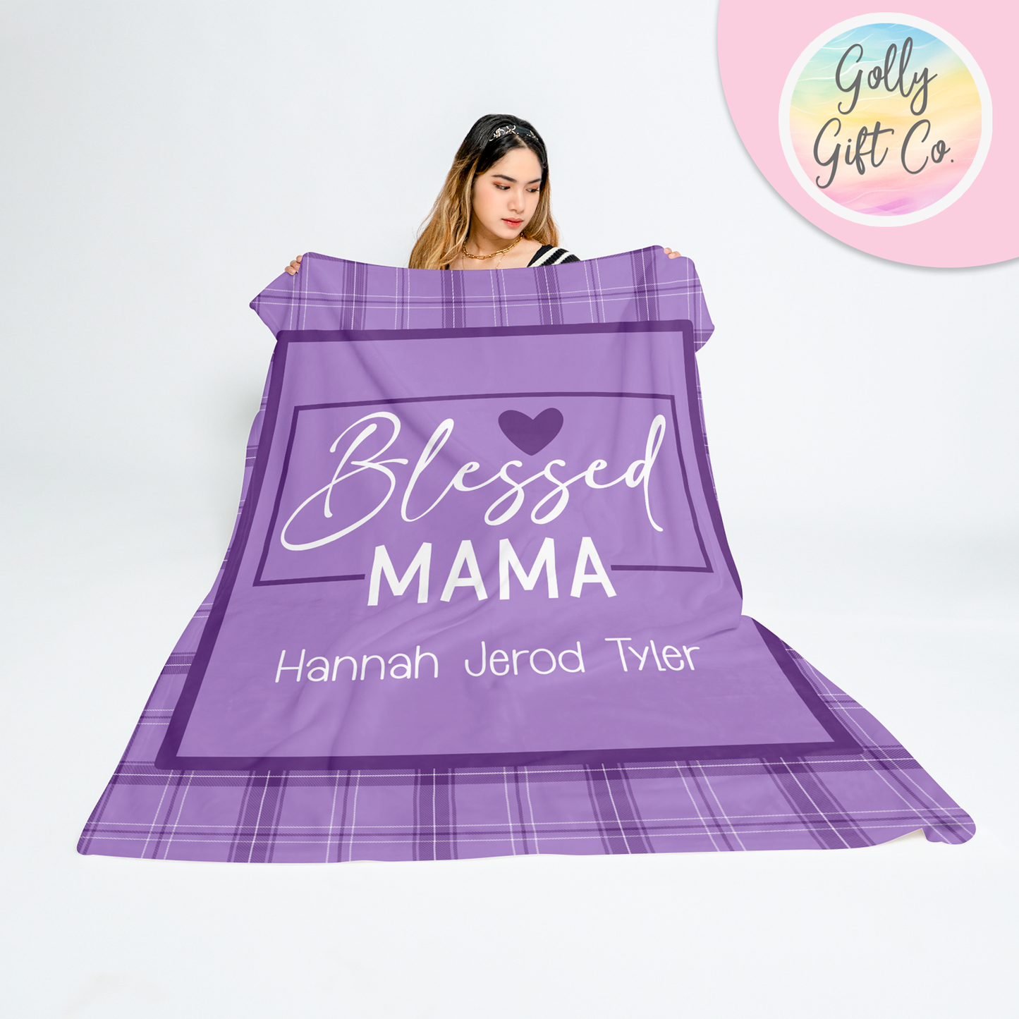 Personalized Mom Blanket with Kids Names - Blessed Mama - Fleece Blanket Gift for Mom - Purple or Blue Plaid Blanket for Mom with Kids Names - Golly Gift Co