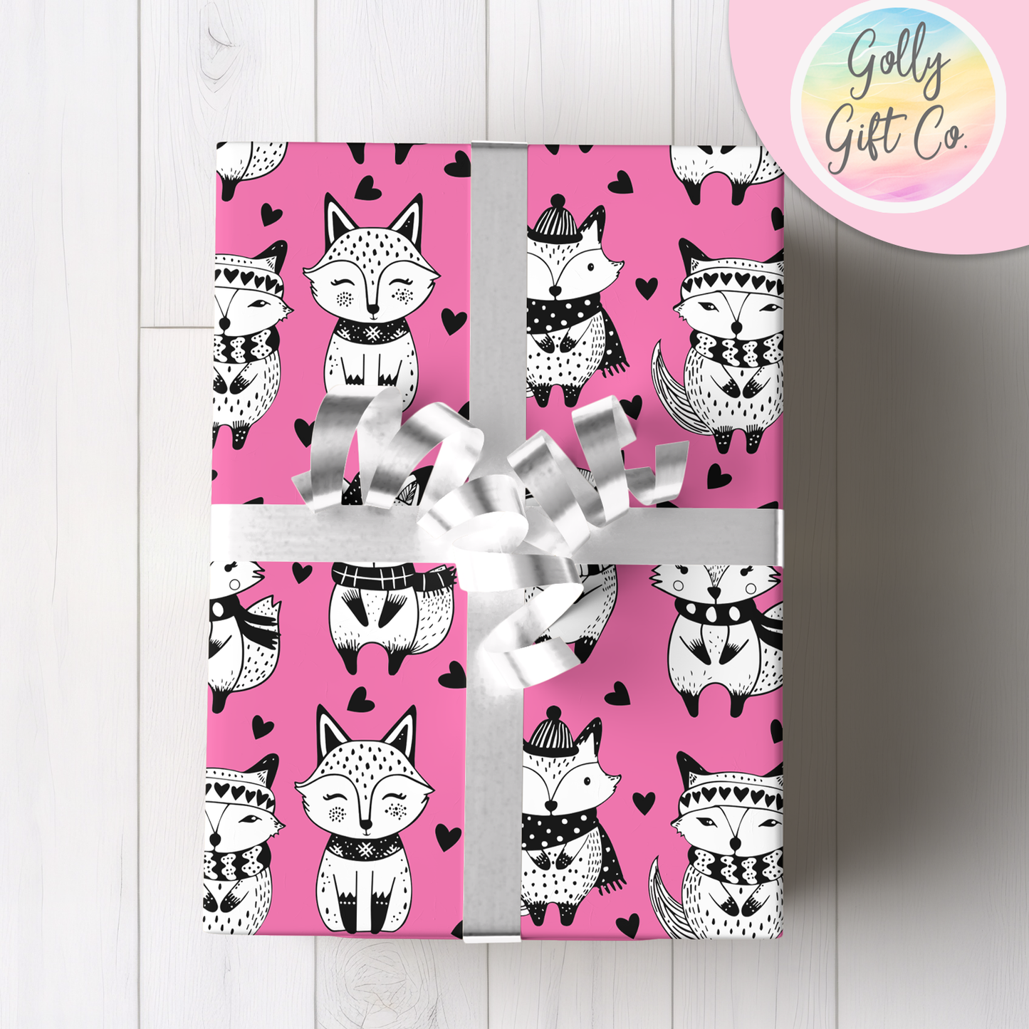 Doodle Fox Wrapping Paper - Gift Wrap - Any Occasion Gift Wrapping Paper With Black and White Doodle Foxes in Winter Clothes and Hearts