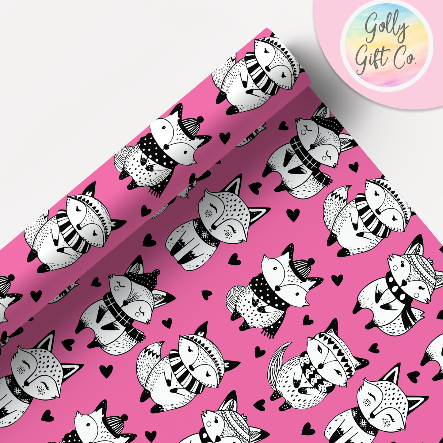 Doodle Fox Wrapping Paper - Gift Wrap - Any Occasion Gift Wrapping Paper With Black and White Doodle Foxes in Winter Clothes and Hearts