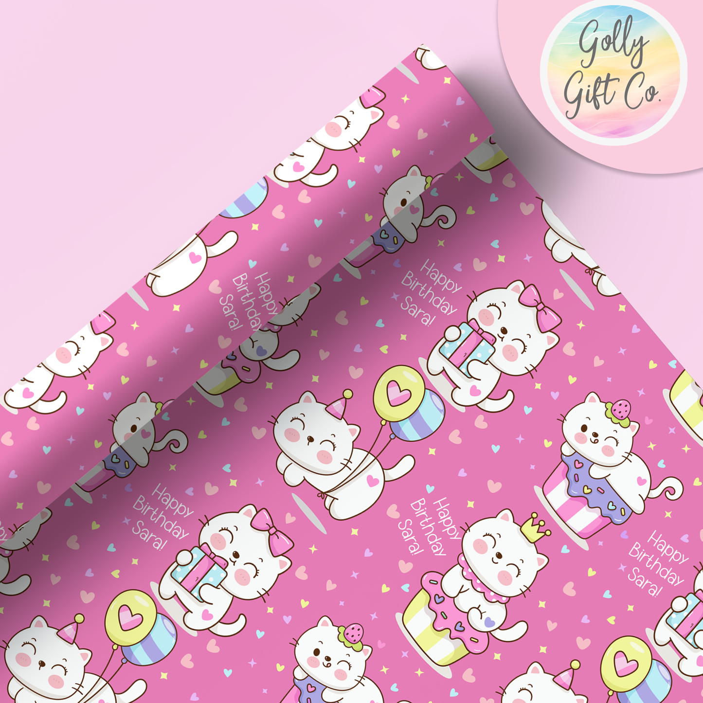 Personalized Kawaii Cat Happy Birthday Wrapping Paper - Customized Cute Kawaii Kitty Gift Wrap with Name On It