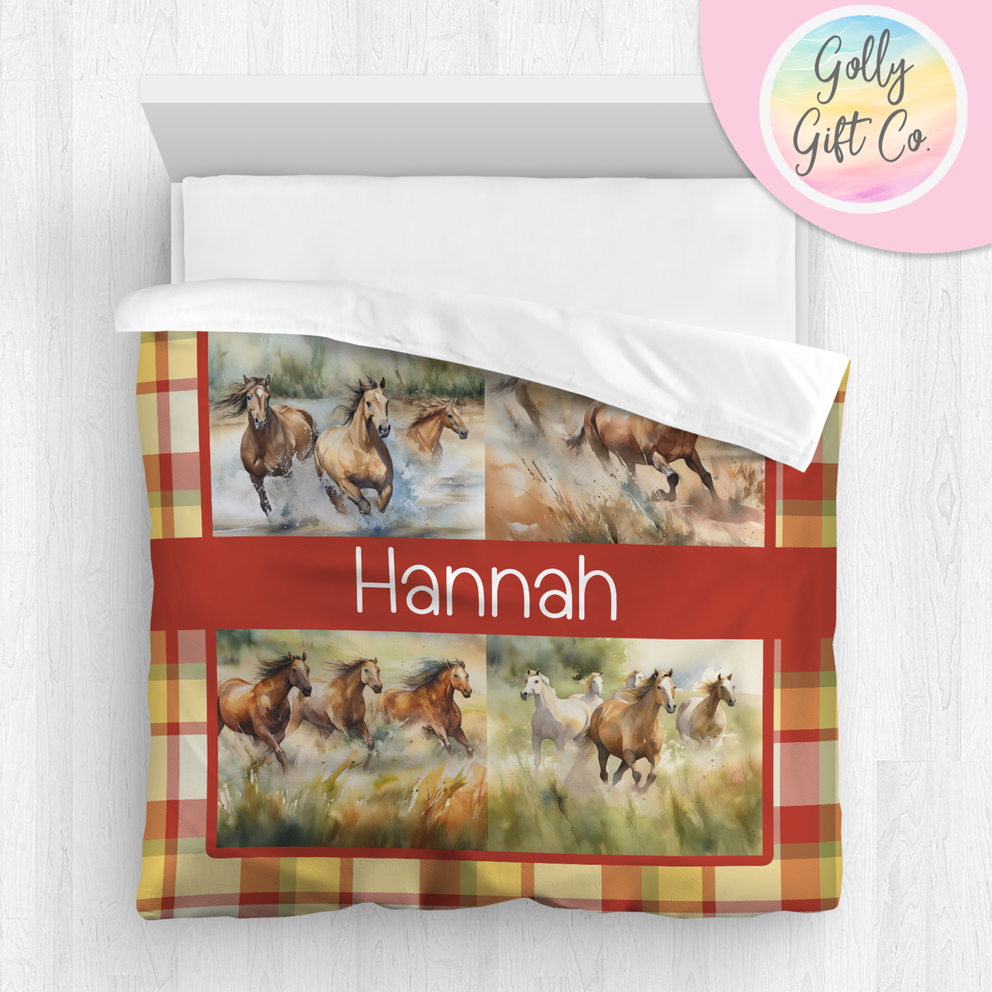 Personalized Girl's Wild Horses Bedding / Country and Western Duvet / Cowgirl Comforter / Country Girl / Customized Horses Bed Set / Pillow - Golly Gift Co