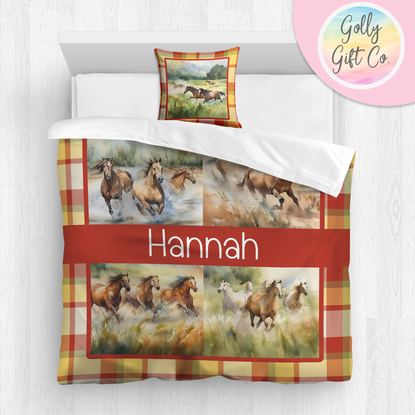 Personalized Girl's Wild Horses Bedding / Country and Western Duvet / Cowgirl Comforter / Country Girl / Customized Horses Bed Set / Pillow - Golly Gift Co