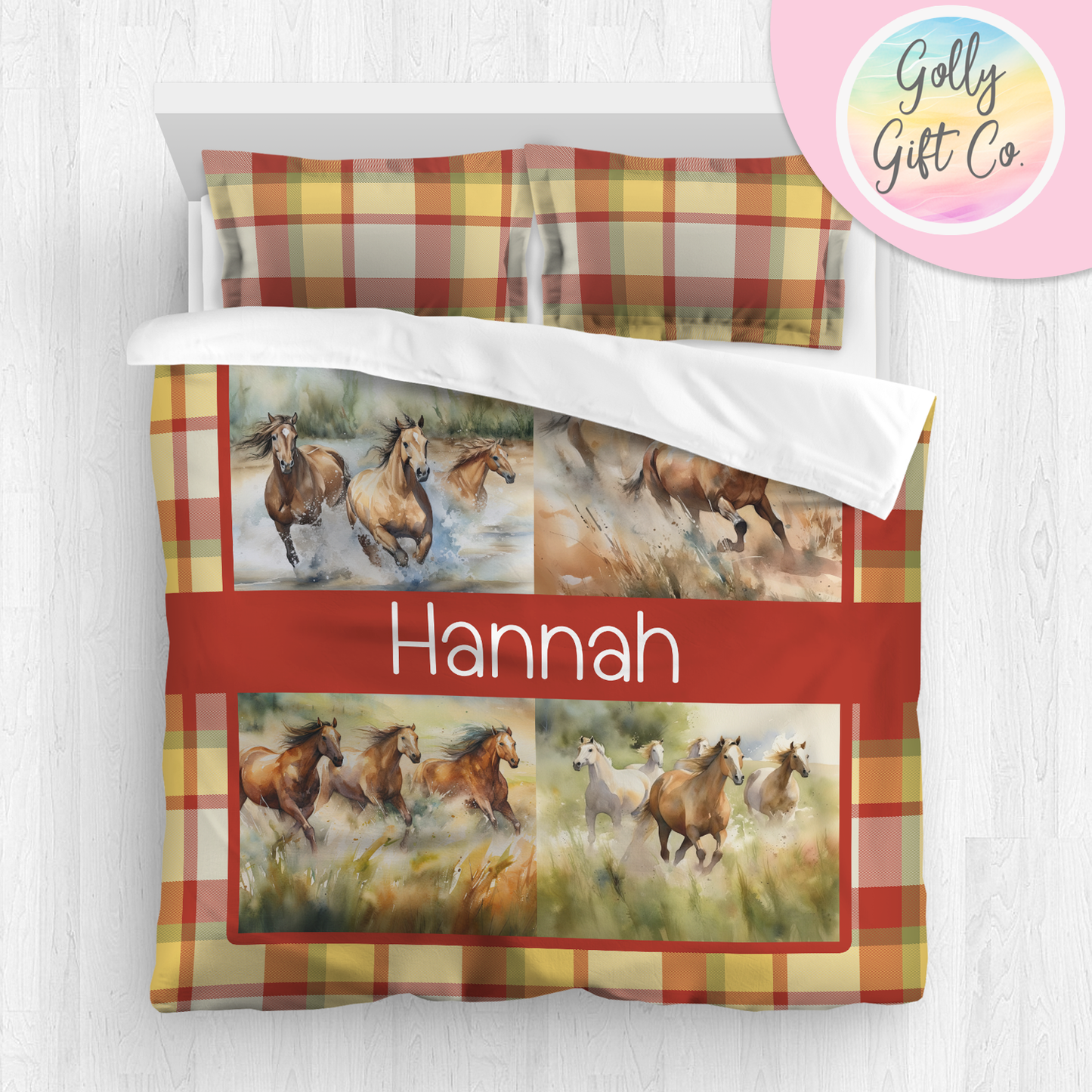 Personalized Girl's Wild Horses Bedding / Country and Western Duvet / Cowgirl Comforter / Country Girl / Customized Horses Bed Set / Pillow - Golly Gift Co
