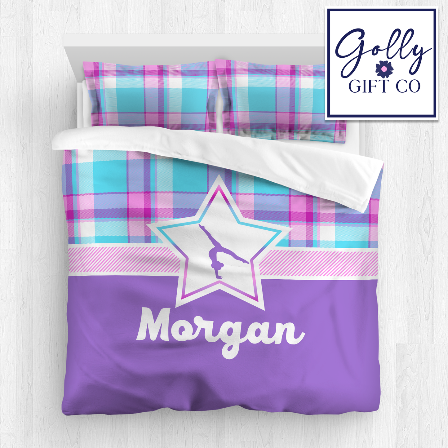 Personalized Girl's Gymnastics Bedding / Gymnastics Duvet / Gymnastics Comforter / BubbleGum Plaid / Customized Gymnastics Bed Set