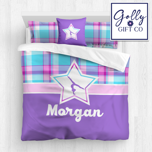 Personalized Girl's Gymnastics Bedding / Gymnastics Duvet / Gymnastics Comforter / BubbleGum Plaid / Customized Gymnastics Bed Set