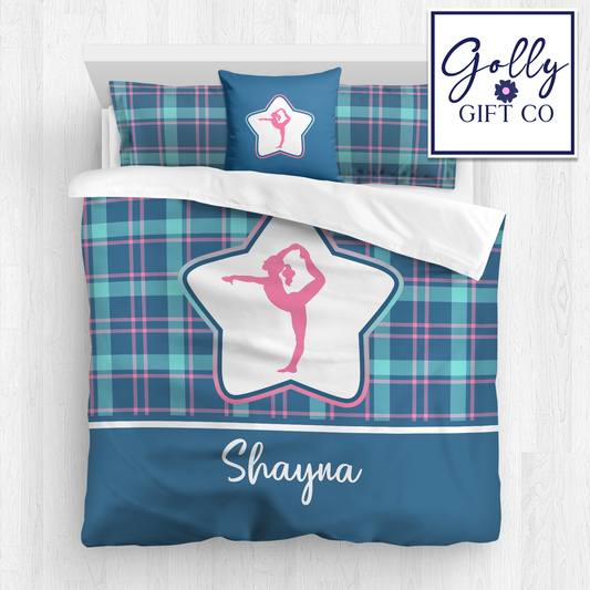 Personalized Girl's Gymnastics Bedding / Gymnastics Duvet / Gymnastics Comforter / PinkBerry Star Plaid / Customized Gymnastics Bed Set