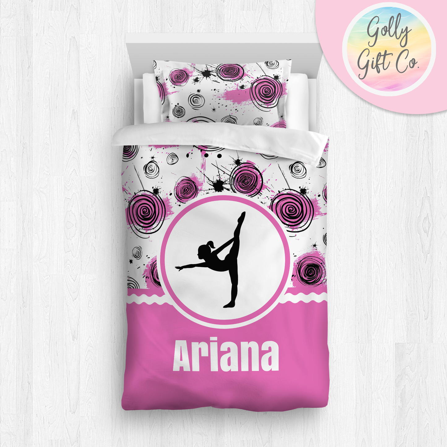 Personalized Girl's Gymnastics Bedding - Duvet or Comforter -Inky Circles- Matching Shams and/or Pillow Optional - Golly Gift Co