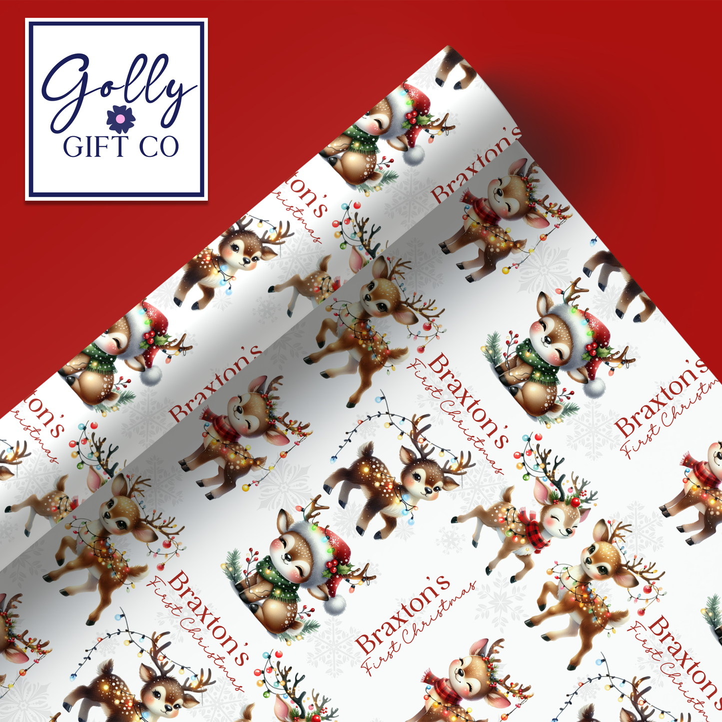 Personalized Baby's First Christmas Wrapping Paper - Your Name Christmas Gift Wrap - Baby's Name and Cute Reindeers Christmas Gift Wrap