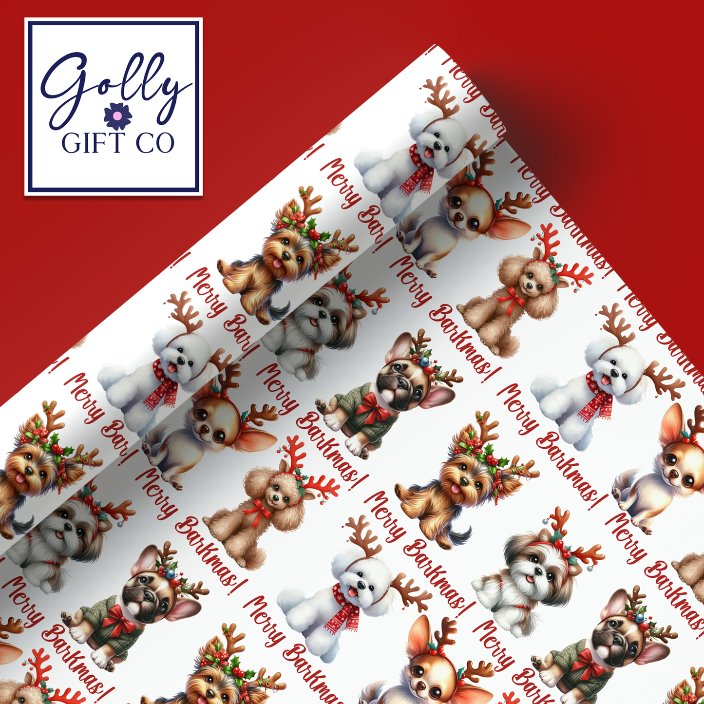 Adorable Christmas Dogs Wrapping Paper - Gift Wrap Dogs with Reindeer Antlers - Merry Barkmas Christmas Wrapping Paper - Christmas for Dogs