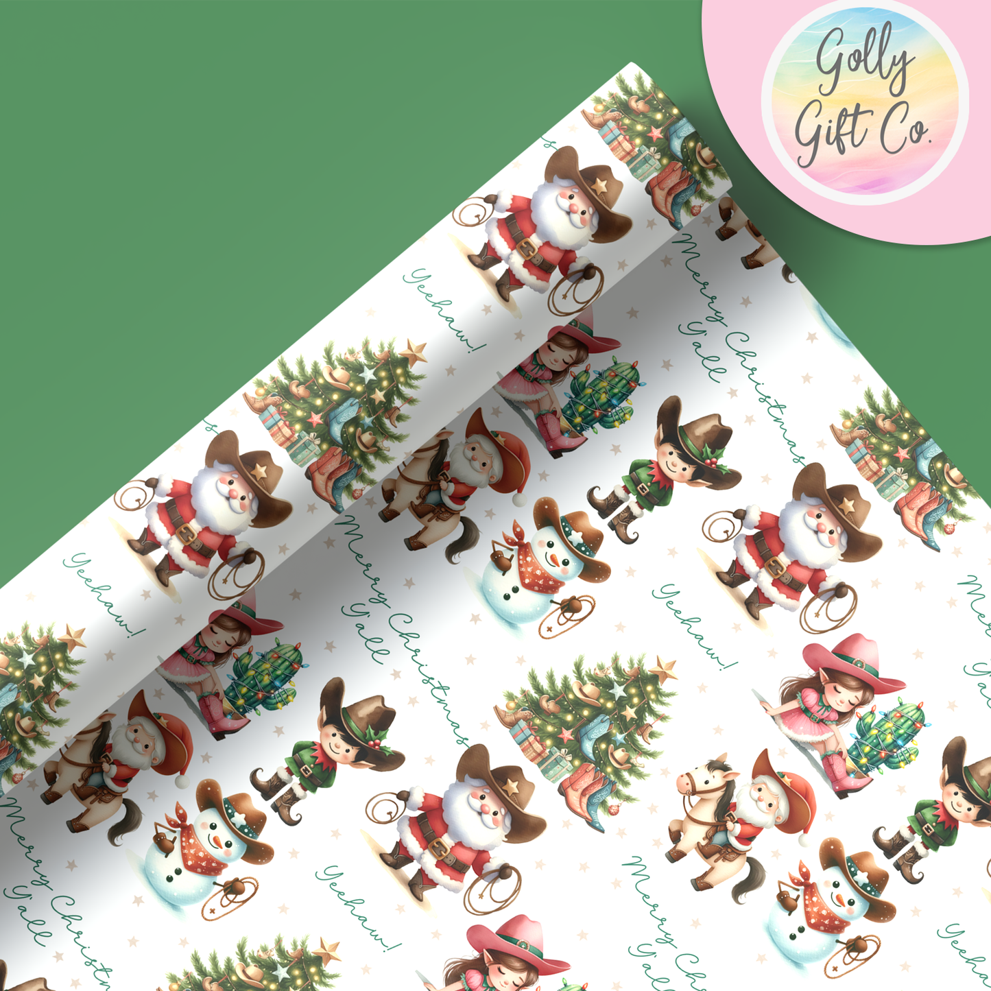 Cowboy Christmas Merry Christmas Y'all and Yeehaw Cowboy Santa Country and Western Christmas Wrapping Paper - Golly Gift Co