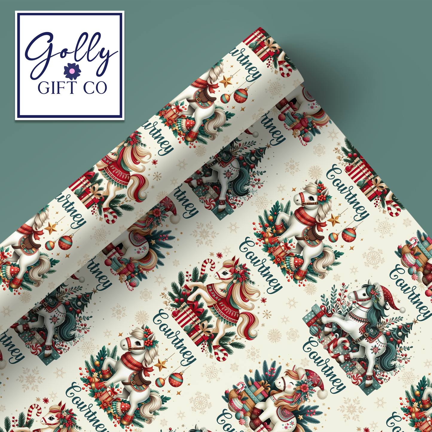 Personalized Cute Christmas Carousel Horses Wrapping Paper - Your Name Christmas Gift Wrap - Custom Gift Wrap for Christmas With Horses