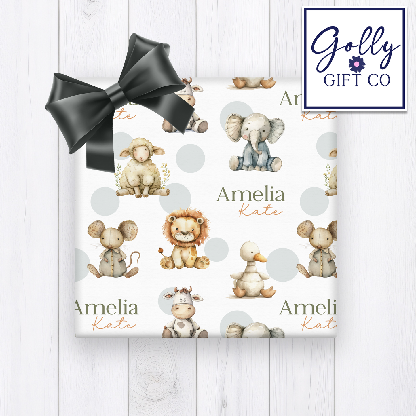 Personalized Vintage Plush Animals Wrapping Paper - Your Name Baby Birthday Baby Shower Gift Wrap - Neutral Baby's Name Animals Gift Wrap