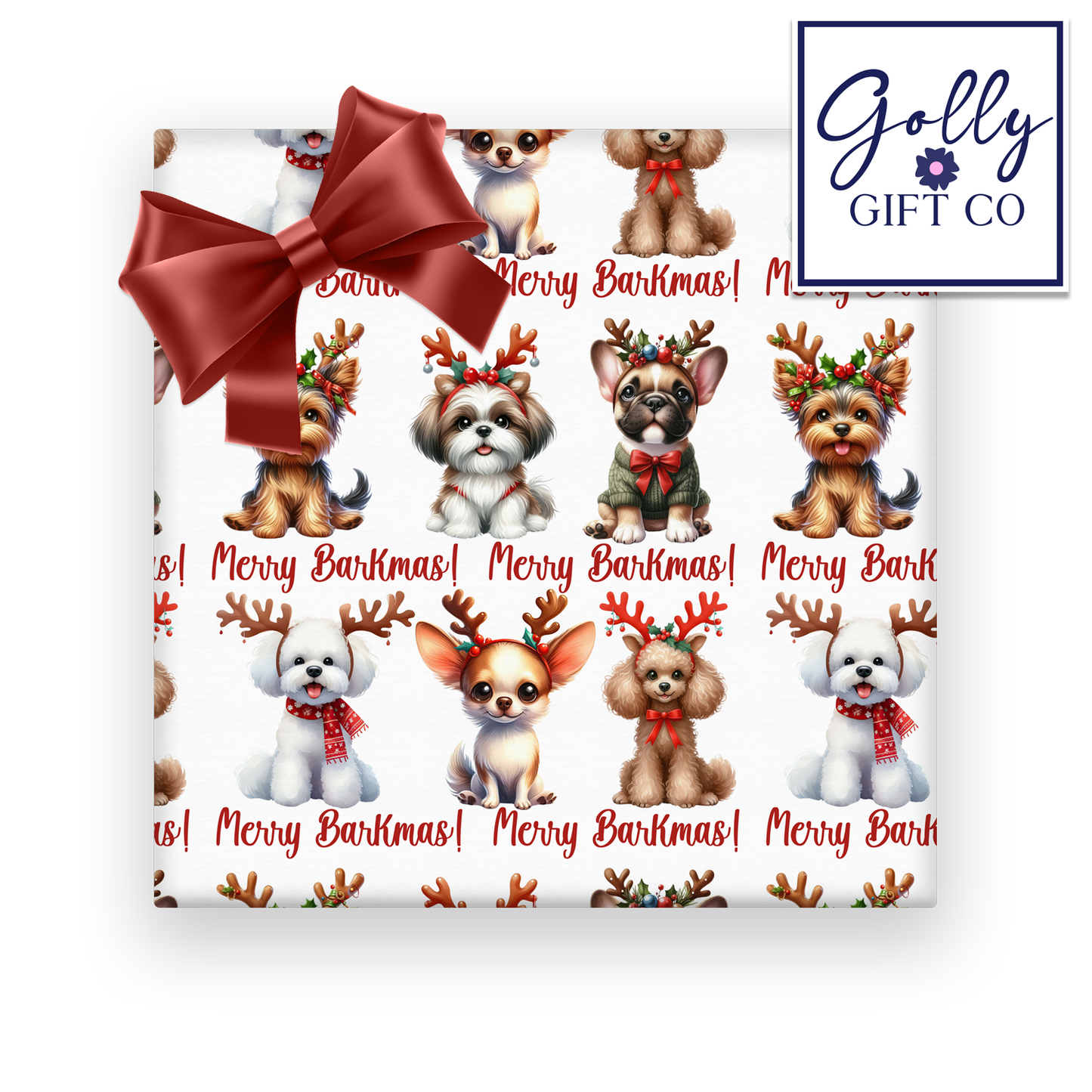 Adorable Christmas Dogs Wrapping Paper - Gift Wrap Dogs with Reindeer Antlers - Merry Barkmas Christmas Wrapping Paper - Christmas for Dogs