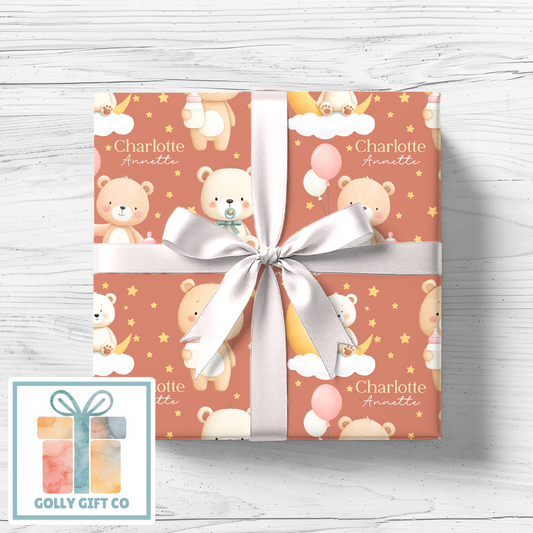 Personalized Baby Bear and Stars Wrapping Paper - Your Name Baby Birthday or Baby Shower Gift Wrap - Baby's Name - Golly Gift Co