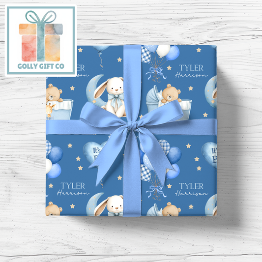 Personalized Baby Boy Wrapping Paper - Your Name Baby Birthday or Baby Shower Gift Wrap - Baby's Name with Bear and Bunny Gift Wrap - Golly Gift Co