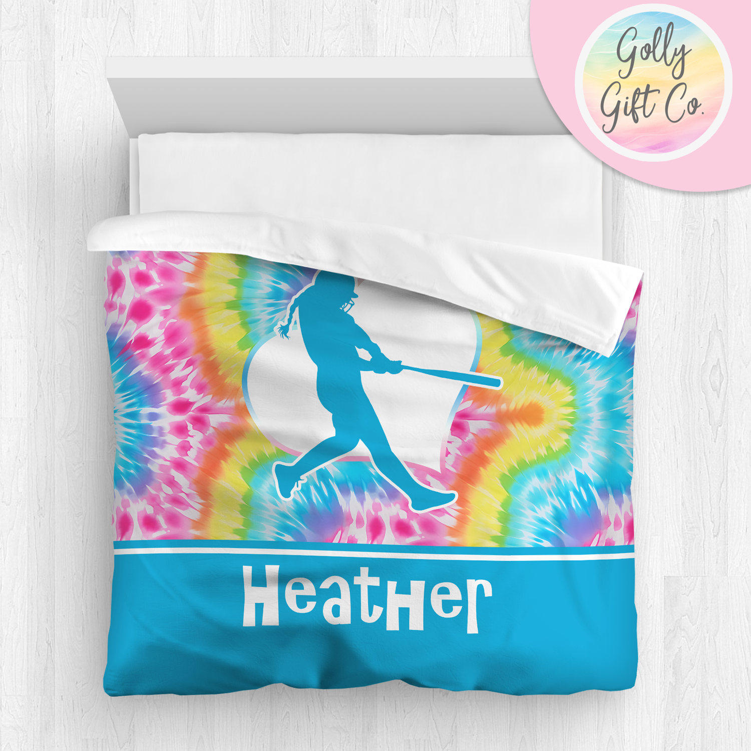 Personalized Girl's Softball Bedding / Softball Comforter or Duvet  Bed Set / Customized Softball Blanket Sham Throw Pillow / Bright Tie Dye - Golly Gift Co