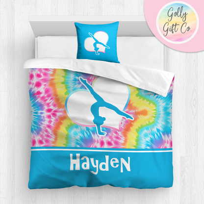 Personalized Girl's Gymnastics Bedding / Gymnastics Duvet / Gymnastics Comforter / Bright Tie Dye / Customized Gymnastics Bed Set / Pillow - Golly Gift Co