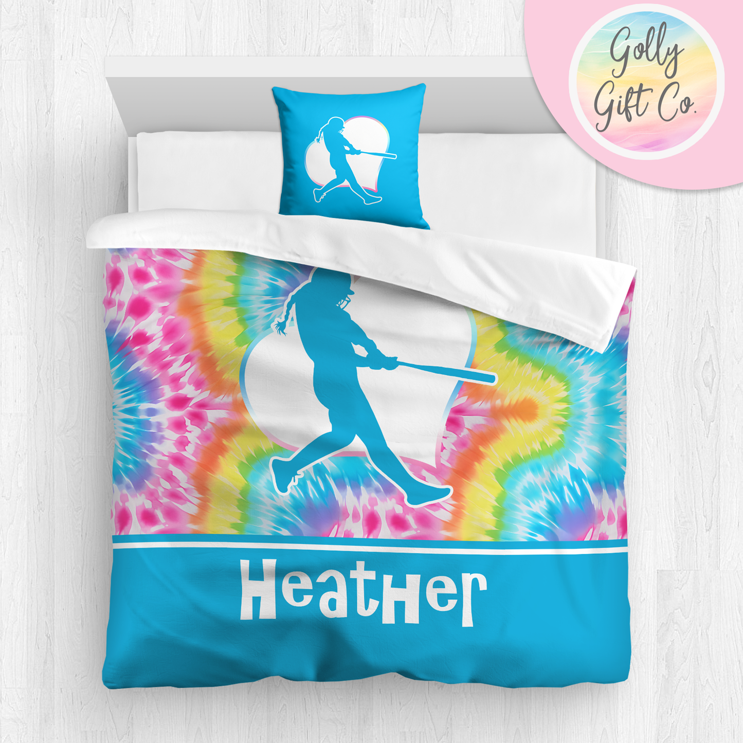 Personalized Girl's Softball Bedding / Softball Comforter or Duvet  Bed Set / Customized Softball Blanket Sham Throw Pillow / Bright Tie Dye - Golly Gift Co