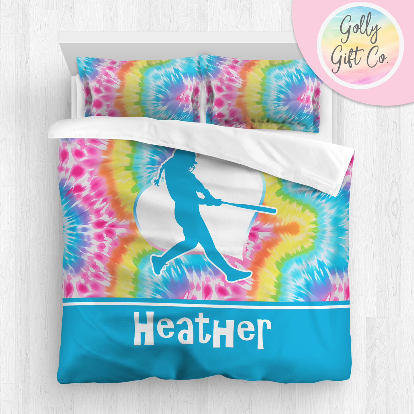 Personalized Girl's Softball Bedding / Softball Comforter or Duvet  Bed Set / Customized Softball Blanket Sham Throw Pillow / Bright Tie Dye - Golly Gift Co