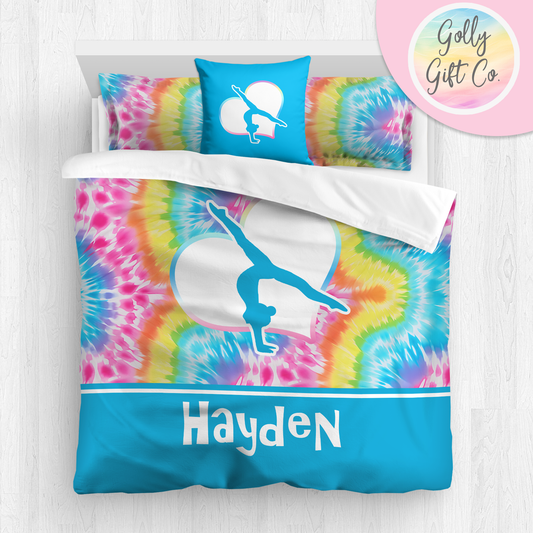 Personalized Girl's Gymnastics Bedding / Gymnastics Duvet / Gymnastics Comforter / Bright Tie Dye / Customized Gymnastics Bed Set / Pillow - Golly Gift Co