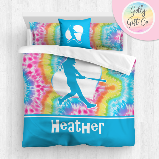 Personalized Girl's Softball Bedding / Softball Comforter or Duvet  Bed Set / Customized Softball Blanket Sham Throw Pillow / Bright Tie Dye - Golly Gift Co