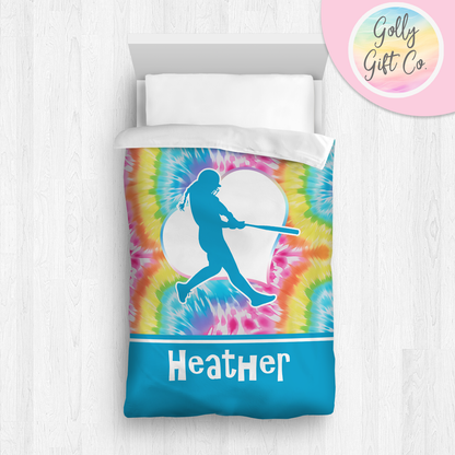 Personalized Girl's Softball Bedding / Softball Comforter or Duvet  Bed Set / Customized Softball Blanket Sham Throw Pillow / Bright Tie Dye - Golly Gift Co