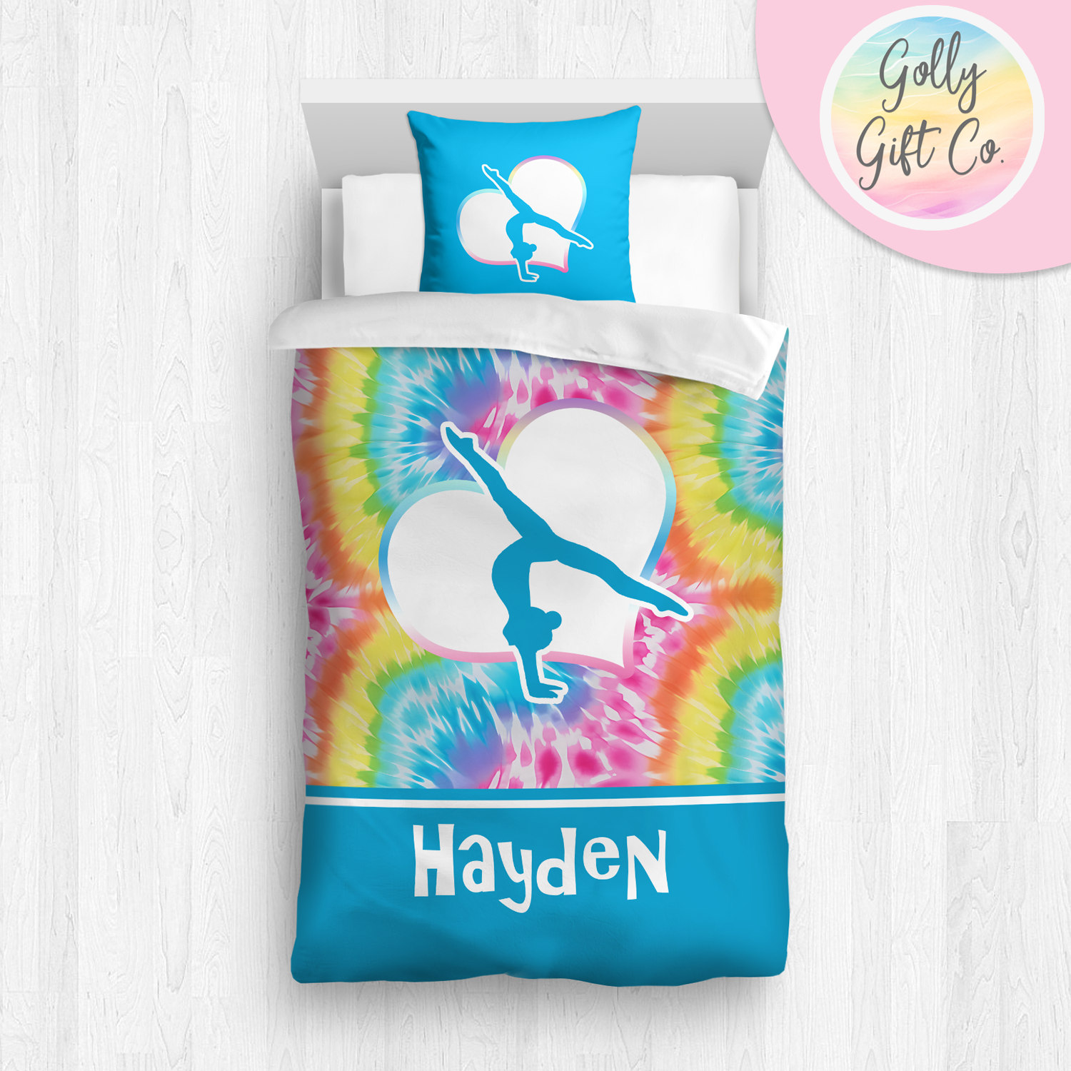 Personalized Girl's Gymnastics Bedding / Gymnastics Duvet / Gymnastics Comforter / Bright Tie Dye / Customized Gymnastics Bed Set / Pillow - Golly Gift Co