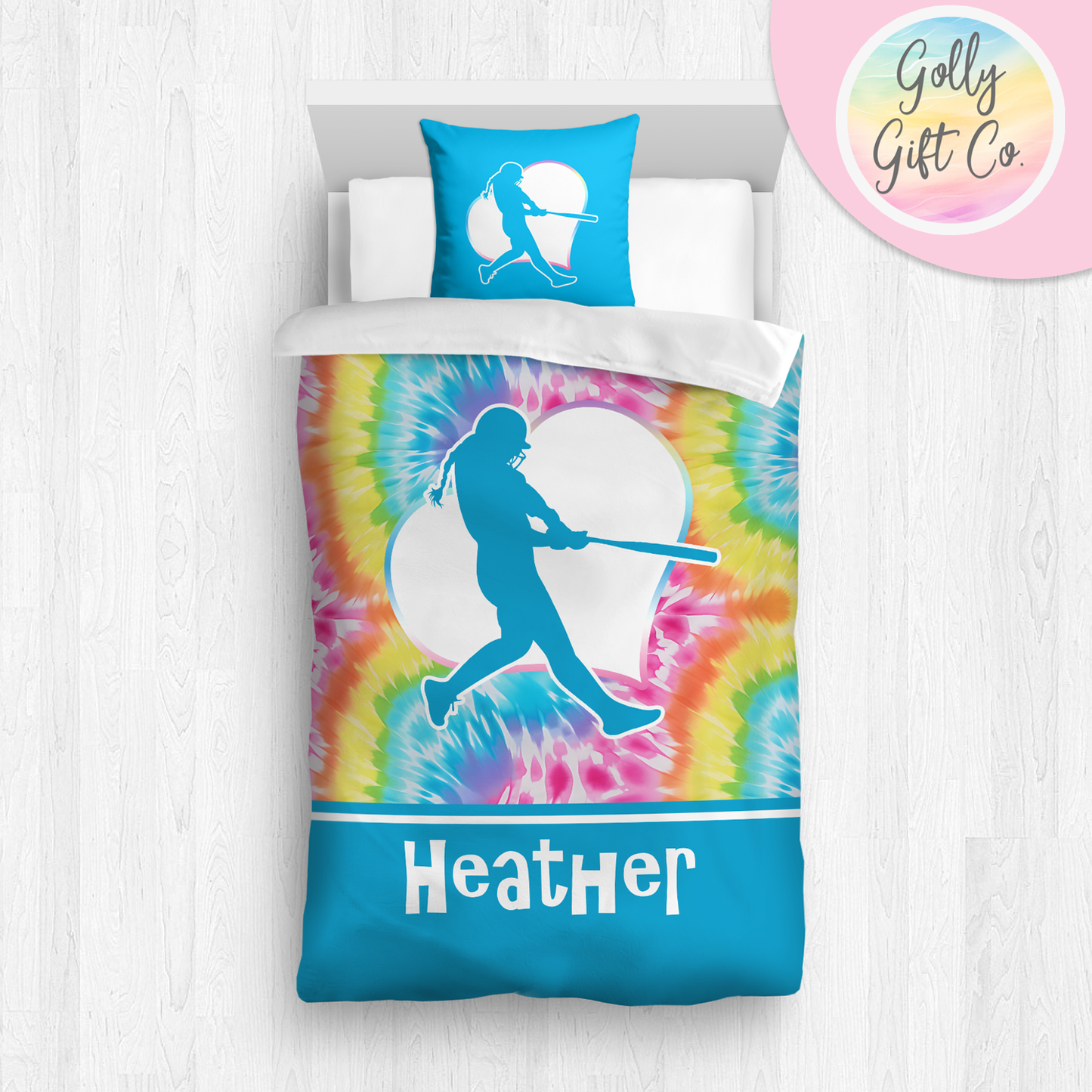 Personalized Girl's Softball Bedding / Softball Comforter or Duvet  Bed Set / Customized Softball Blanket Sham Throw Pillow / Bright Tie Dye - Golly Gift Co