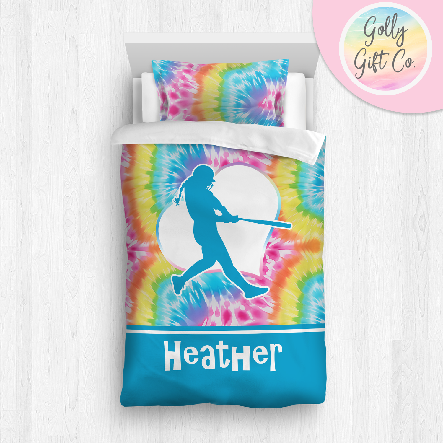 Personalized Girl's Softball Bedding / Softball Comforter or Duvet  Bed Set / Customized Softball Blanket Sham Throw Pillow / Bright Tie Dye - Golly Gift Co