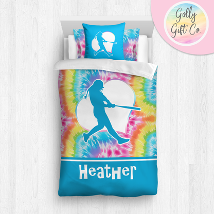 Personalized Girl's Softball Bedding / Softball Comforter or Duvet  Bed Set / Customized Softball Blanket Sham Throw Pillow / Bright Tie Dye - Golly Gift Co