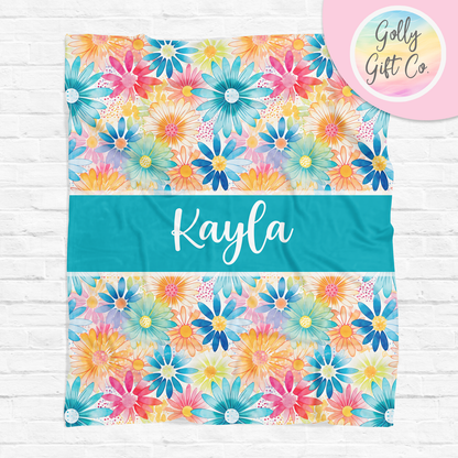 Personalized Springtime Hippie Floral Bedding - Vibrant Flowers Pattern Fleece or Sherpa Throw Blanket - Custom Gift for Her - Golly Gift Co